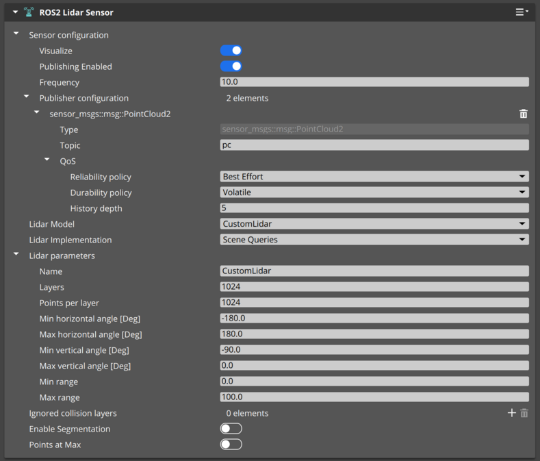 ROS 2 Lidar Sensor component properties